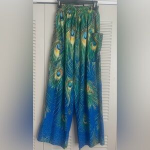 Peacock Feather Patterned Wide Leg Pants